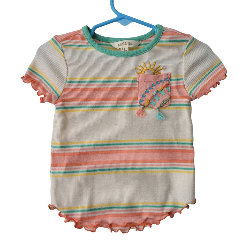 Matilda Jane Size 2 Striped Ribbed Pocket Tee Girls Short Sleeve Ruffleโ Edge